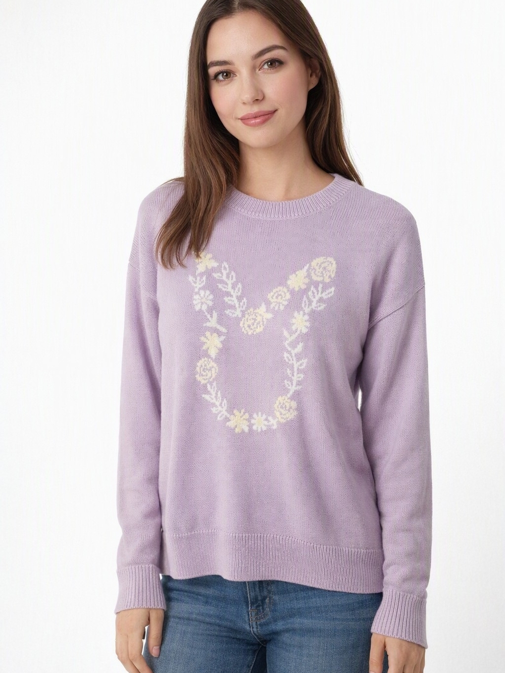 Lavender Floral-Embroidered Crewneck Sweater - Women's